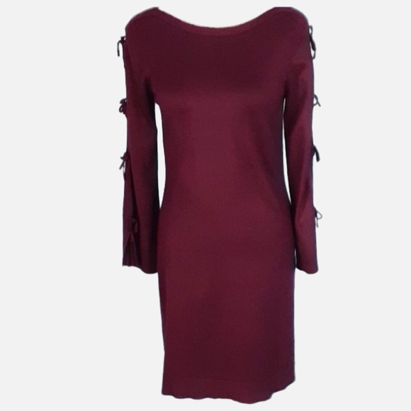 Vince Camuto Burgundy Mid Length Sweater Sheath Dress Bell Sleeve Tie Closure - Picture 1 of 9
